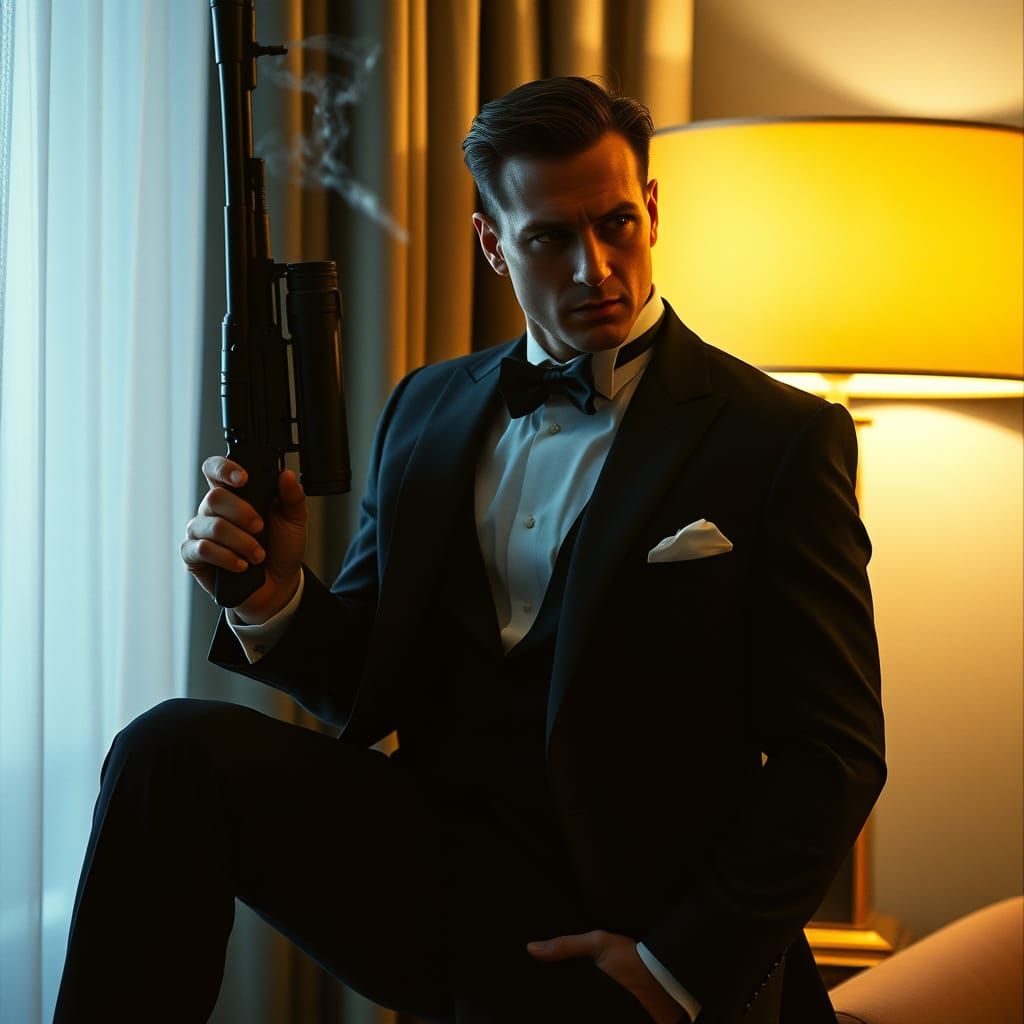 Cinematic Assassin in Tuxedo, Muzzle Smoking