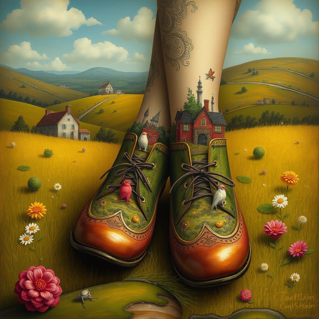 Whimsical Homeland in Shoes Magical Realism Art