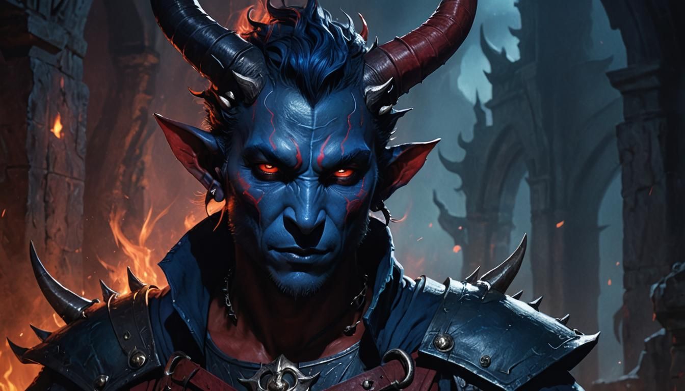 Ombre Tiefling with Hellish Markings in Dark Fantasy Art