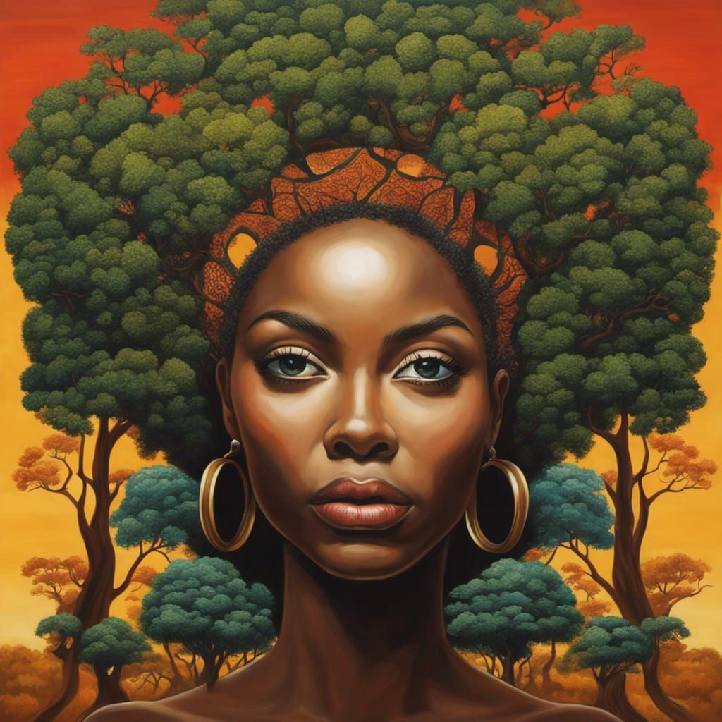 Woman and Tree Painting in African Art Style