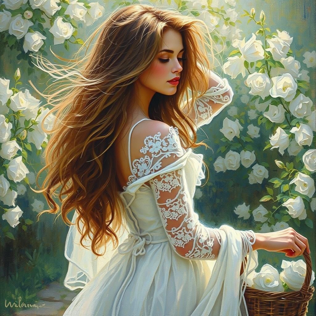 Soft, ethereal woman with cascading brown hair, wrapped in d...