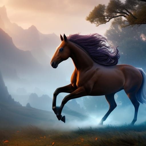 Cosmic Horse with Luminous Leaves, Digital Art