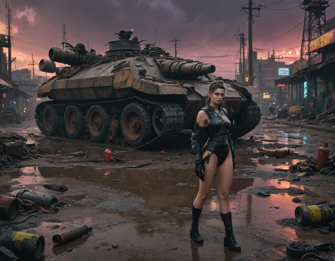 Dieselpunk Soldier and Panzer Tank in Industrial Setting