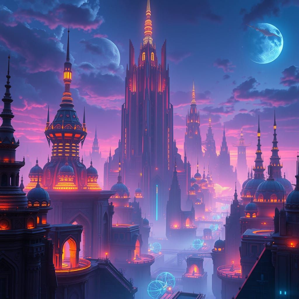 Cyberpunk Cityscape in a Futuristic Mystical Realm