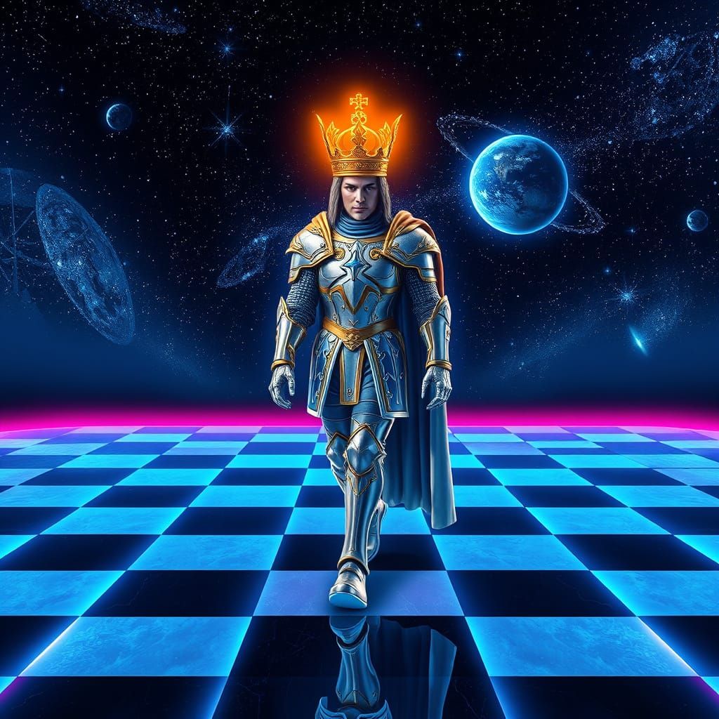 Golden King Arthur Walks Cosmic Chessboard in Neon Retro Aes...