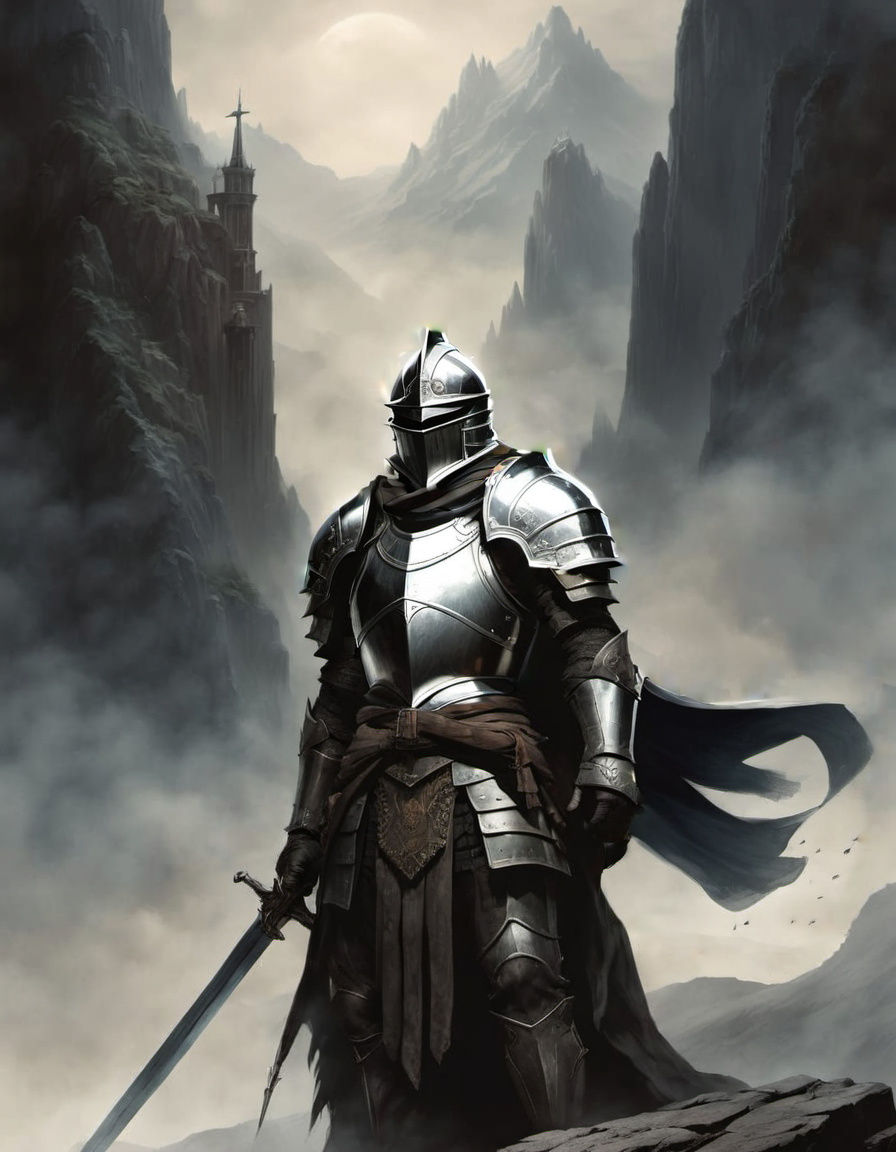 Dark Fantasy Knight in Silvery Armor Amidst Barren Peaks