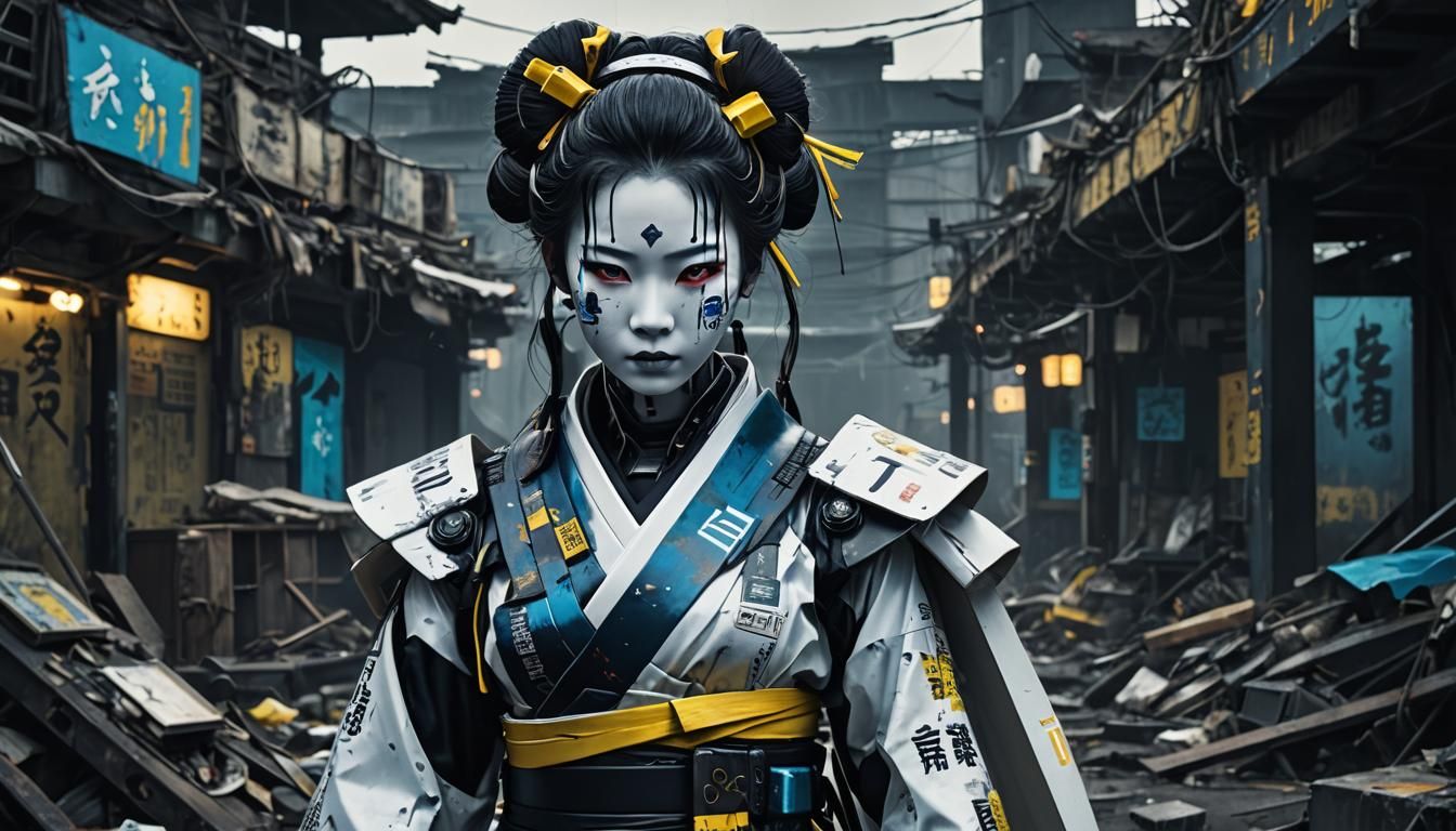 Post-Apocalyptic Geisha Android in Scrapyard