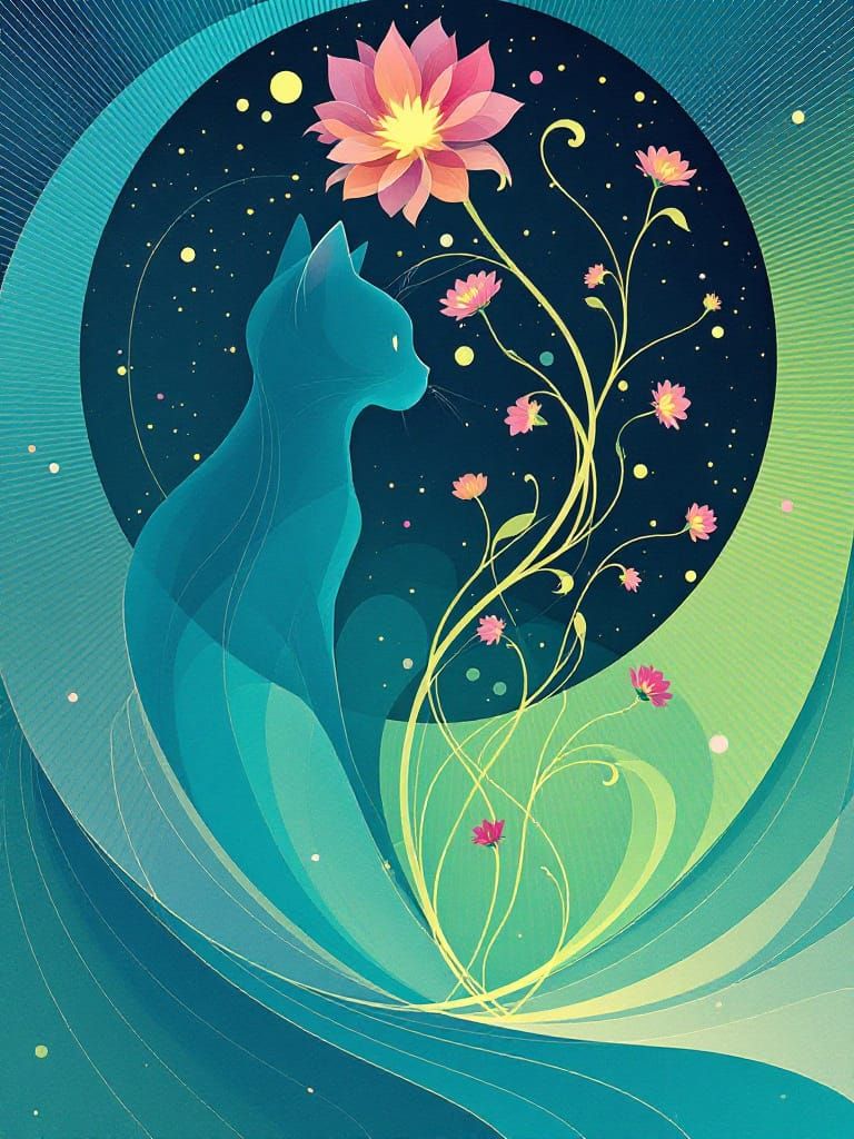 Art Nouveau Cat Spirals Through Starry Sky