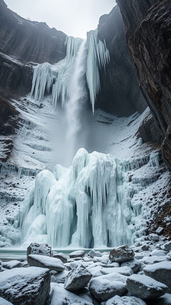 A frozen Alpine waterfall