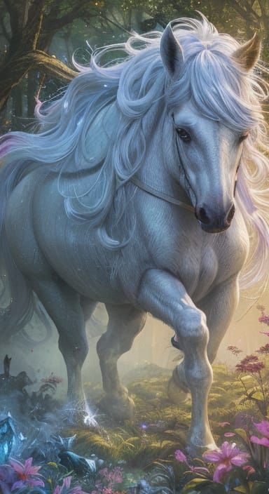 Unicorns in Mythical Forest as Oil Painting