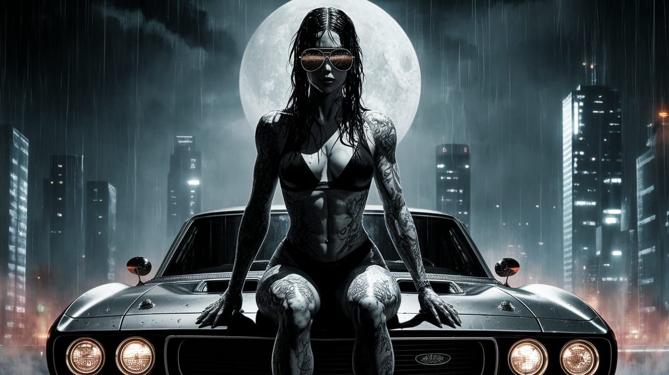 Gothic Goddess in Rainy Cyberpunk City