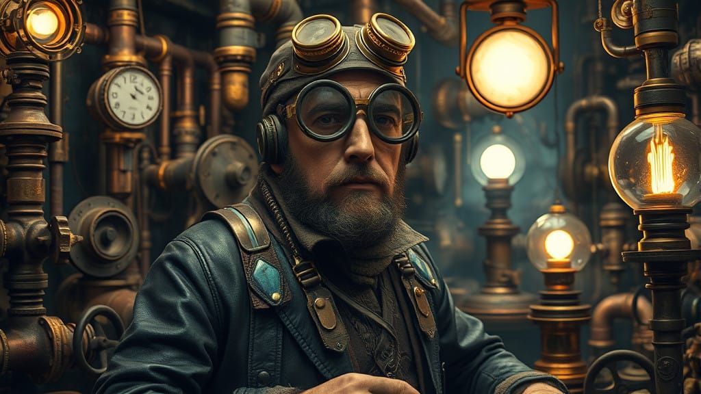 Steampunk Inventor in a Dreamlike Workshop