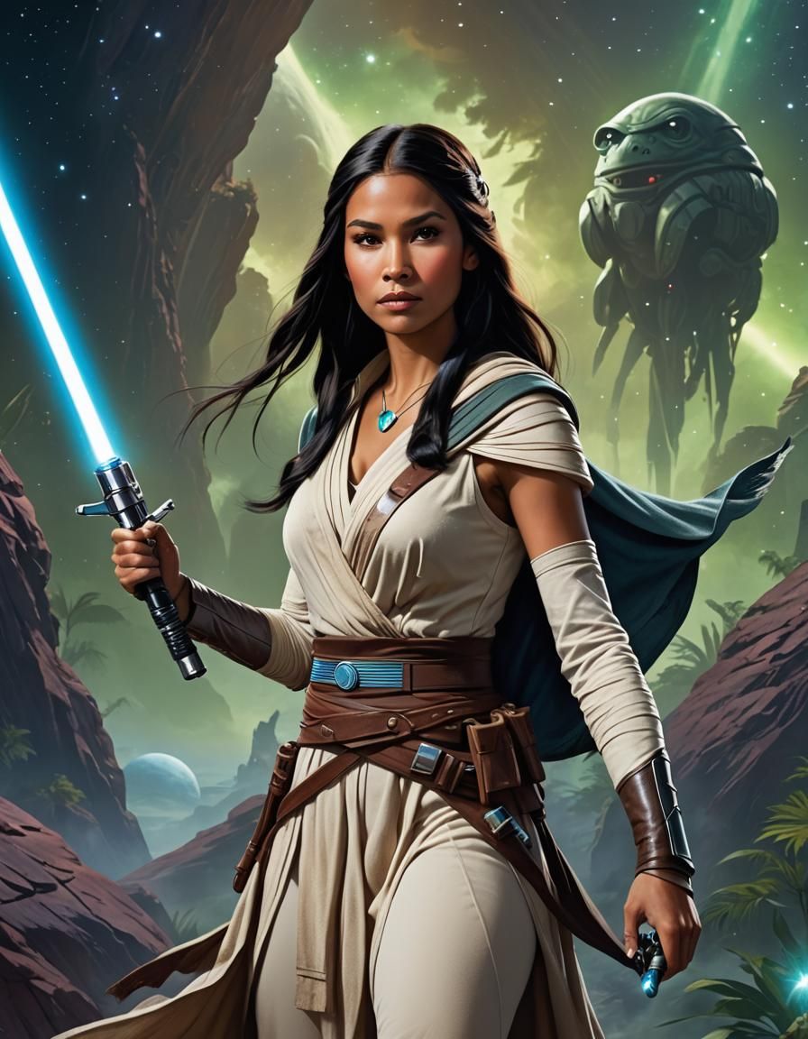 Princess Pocahontas dressed as a Jedi, wielding a lightsaber...