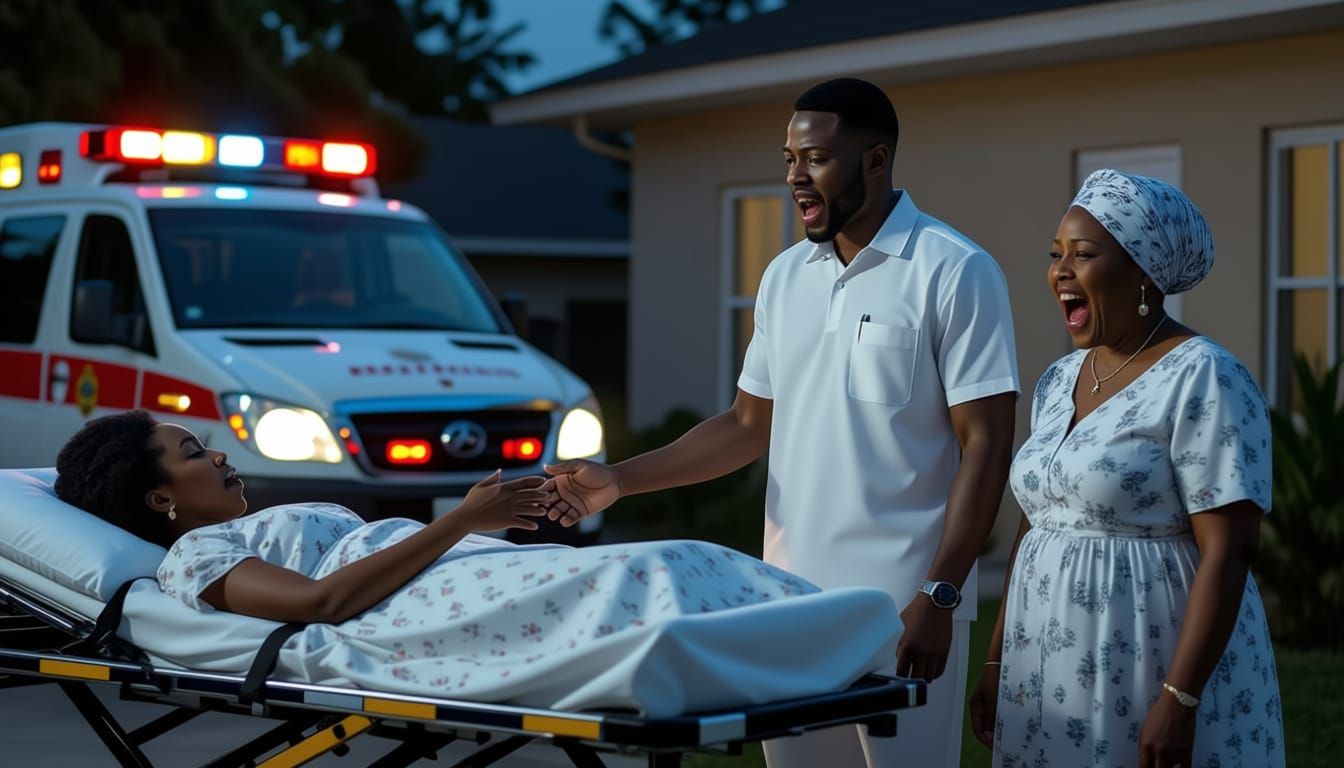 Emotional Night Scene: Ambulance, Stretcher, and Human Conne...