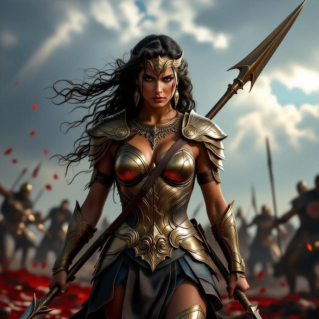 Goddess Of War In Bronze Armor With Spear