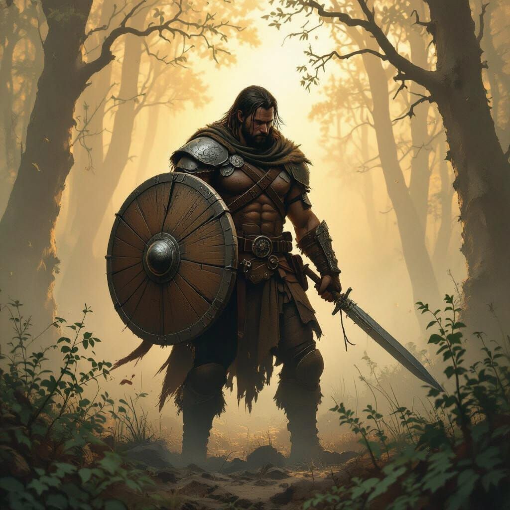 Battle-Worn Warrior in Misty Forest
