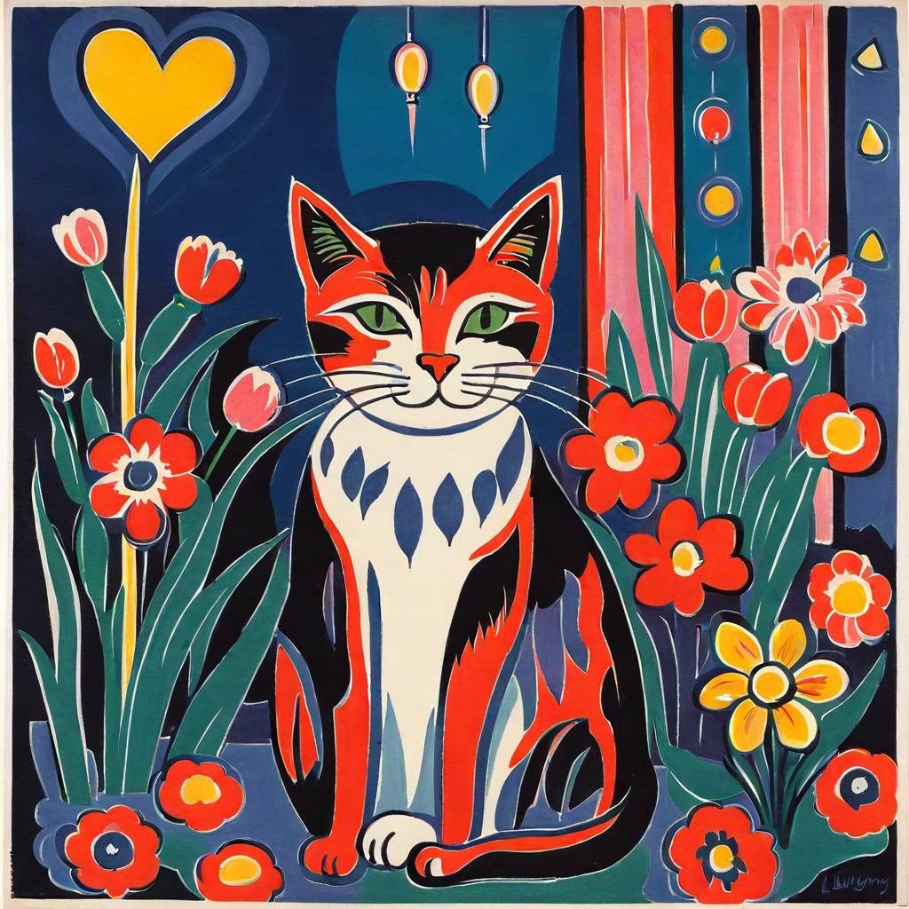 Expressionist Cat Surrounded by Flowers and Lights