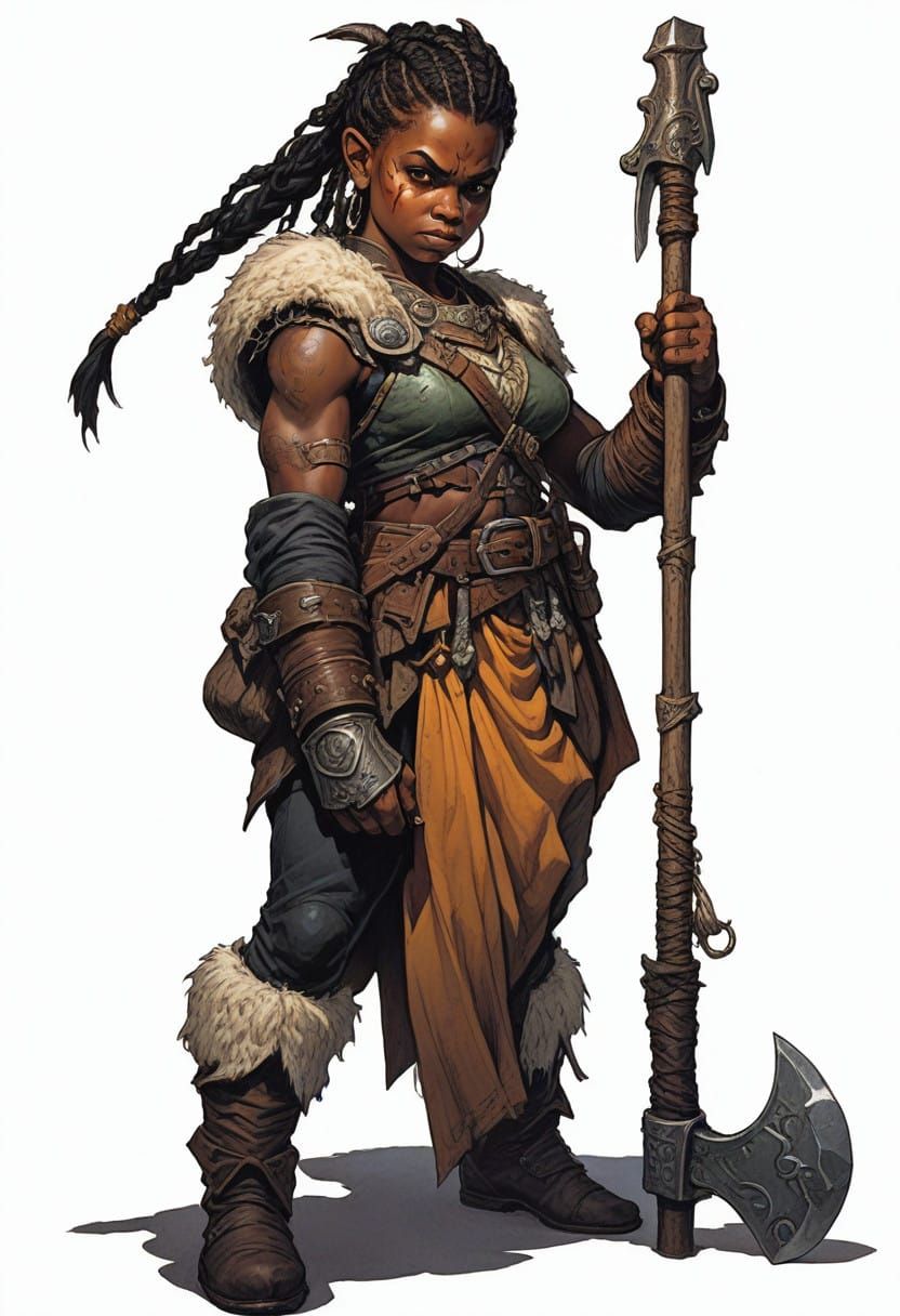 Dark Skinned Female Halfling Crusader in Heroic Fantasy Art
