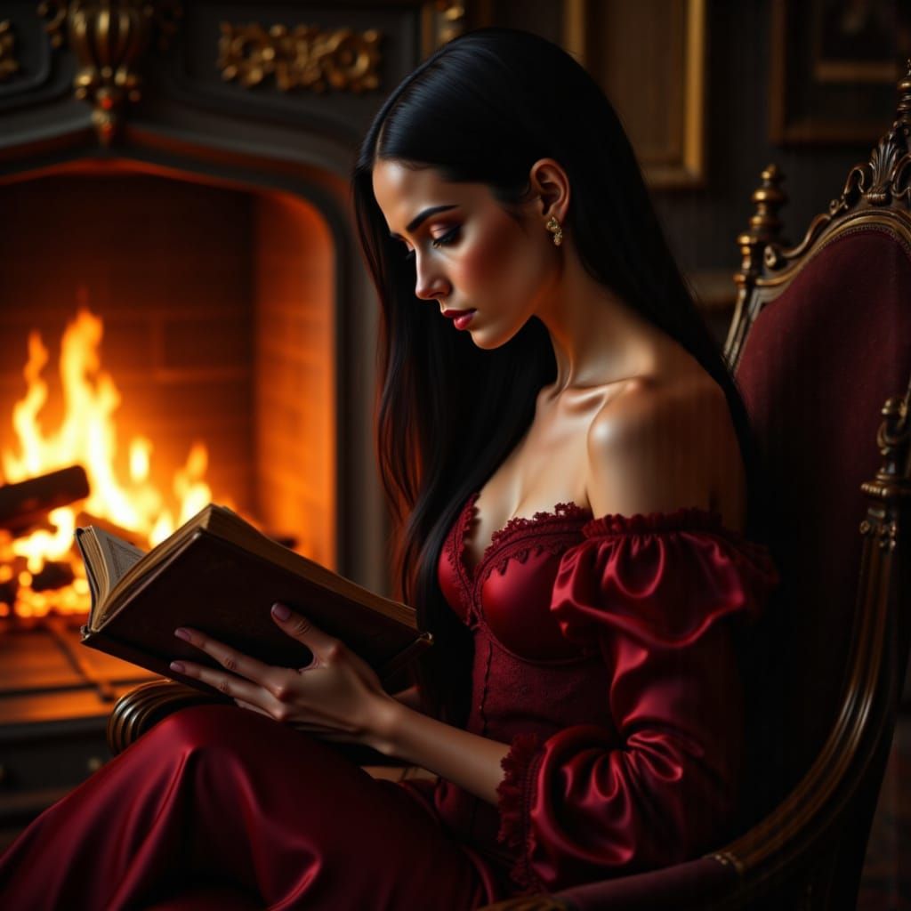 Baroque Portrait of Woman Reading by Firelight