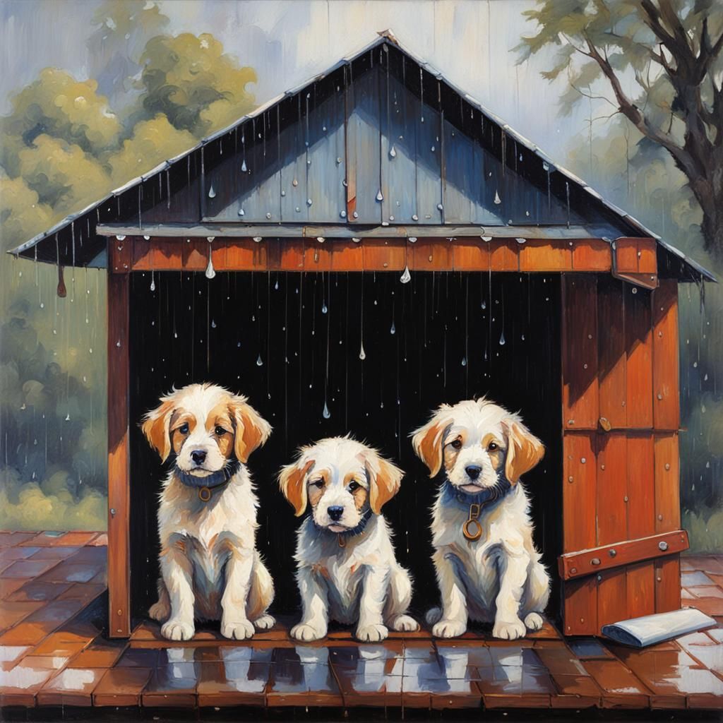 Puppies Shelter from Rain: Oil Painting