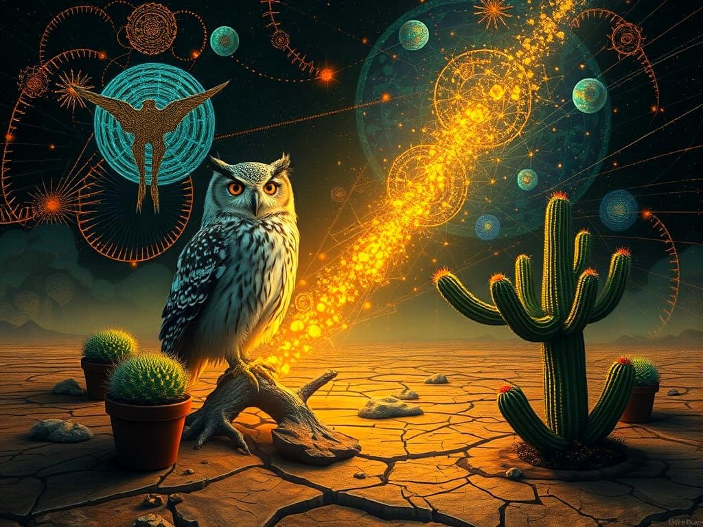 Golden Surreal Owl in a Bioluminiscent Cyberpunk Landscape