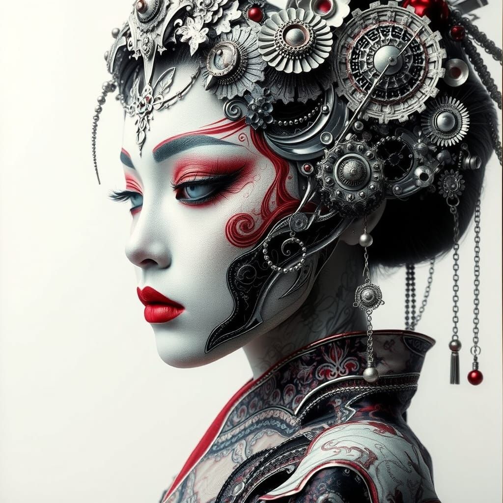 Dystopian Biomechanical Geisha in Vibrant Textured Art