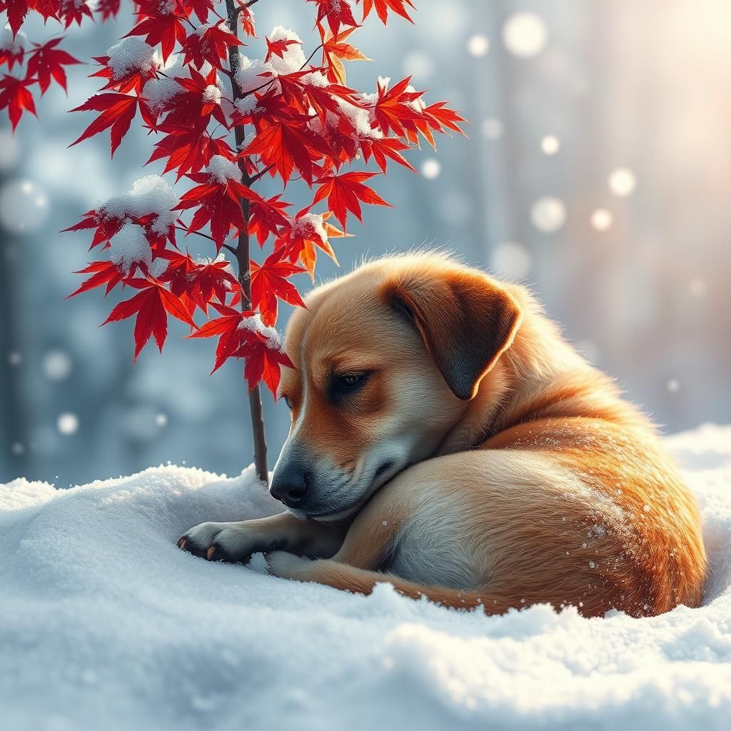 Dog Shivering in Snow by Red Maple Tree