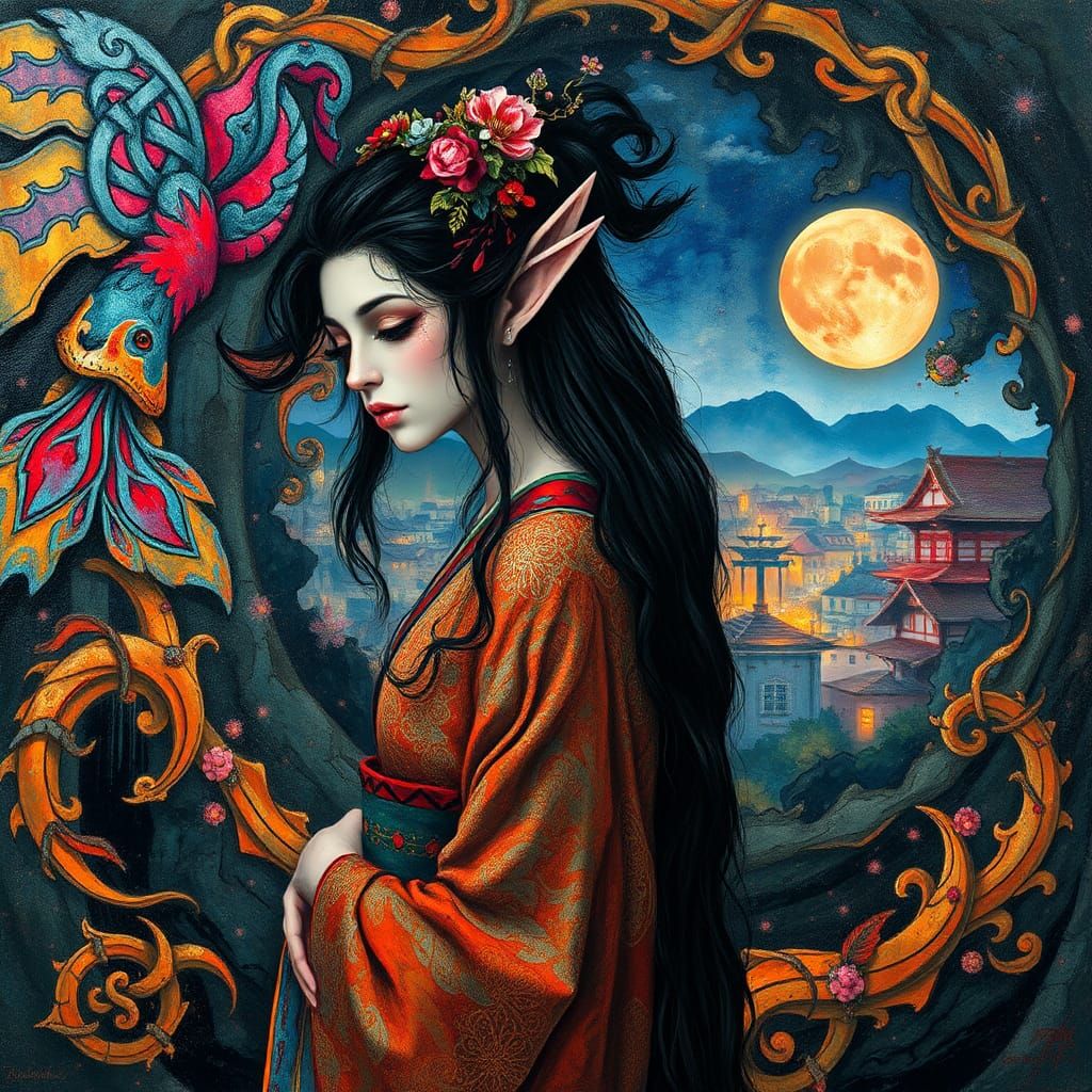 Mystical Fairy Elf Geisha in Surrealist Heavy Metal Style