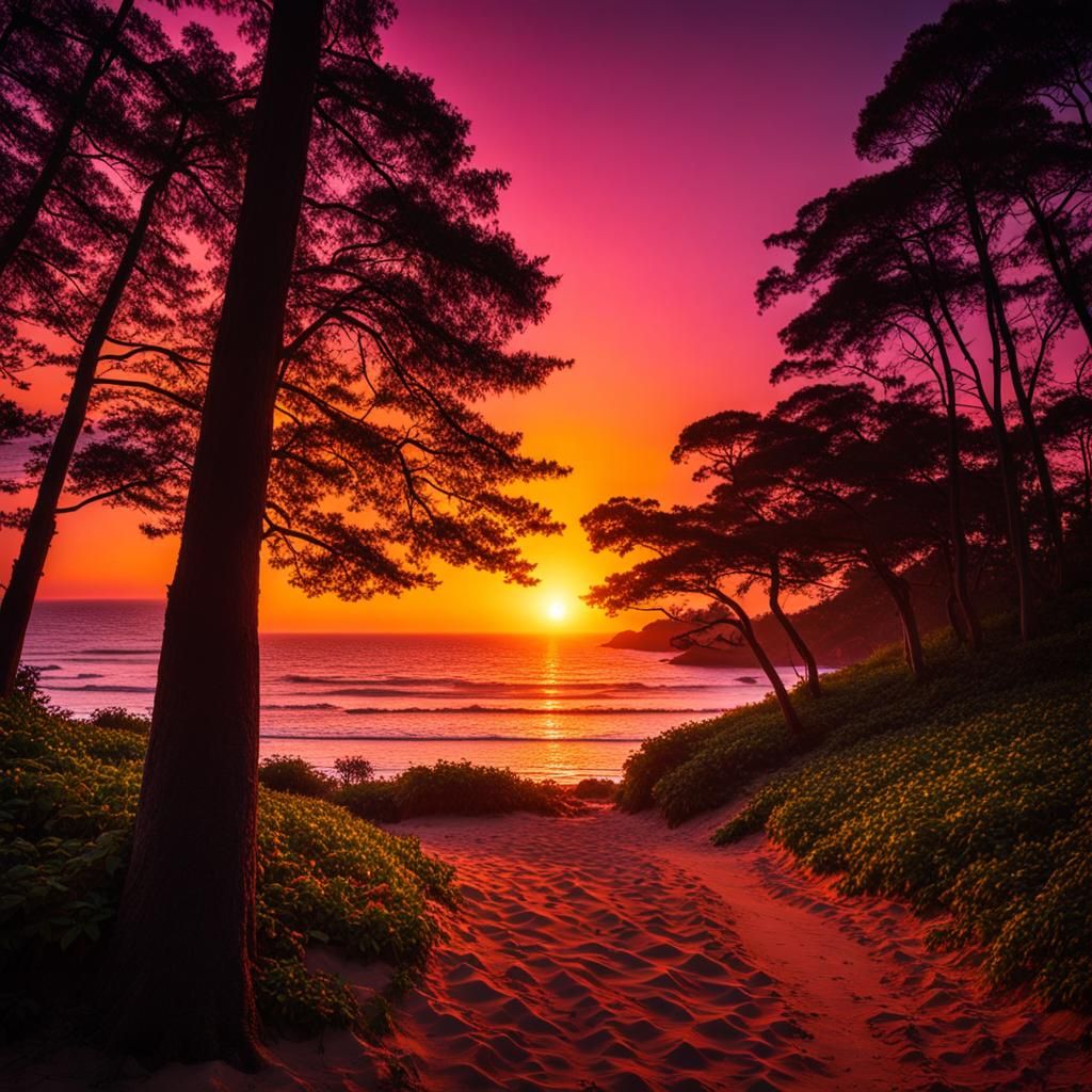 Neon Forest Meets Beach Paradise at Sunset