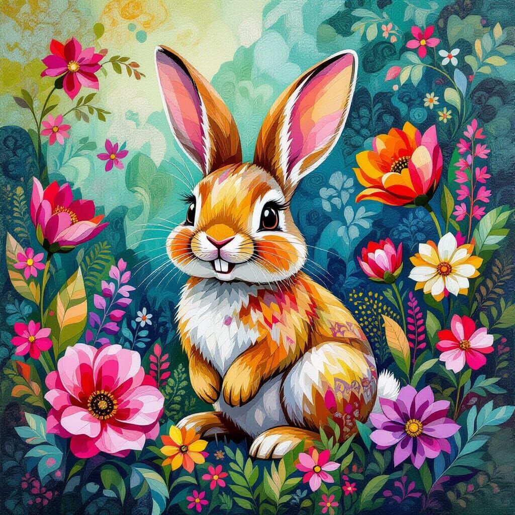 Laughing Bunny in a 3D Quilted Patchwork