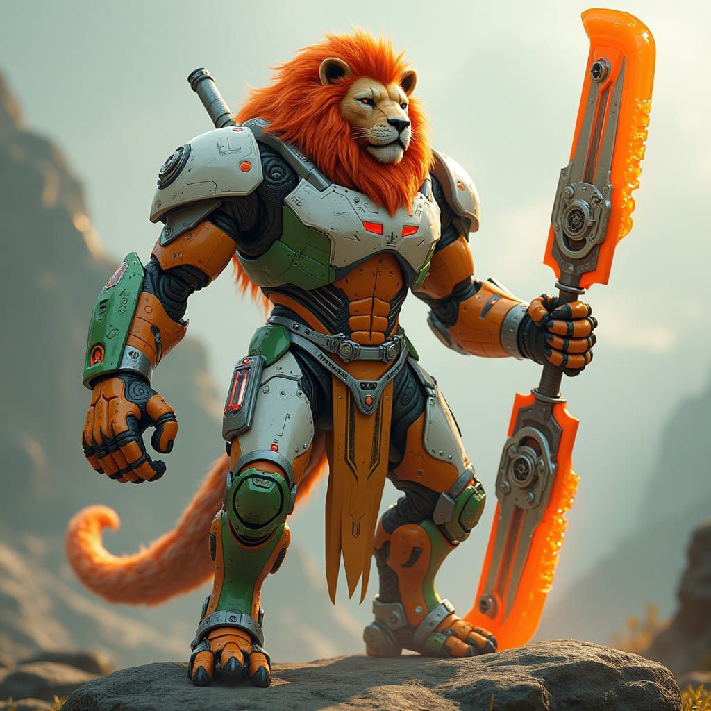 Futuristic Lion Cyborg in Vibrant Sci-Fi Costume