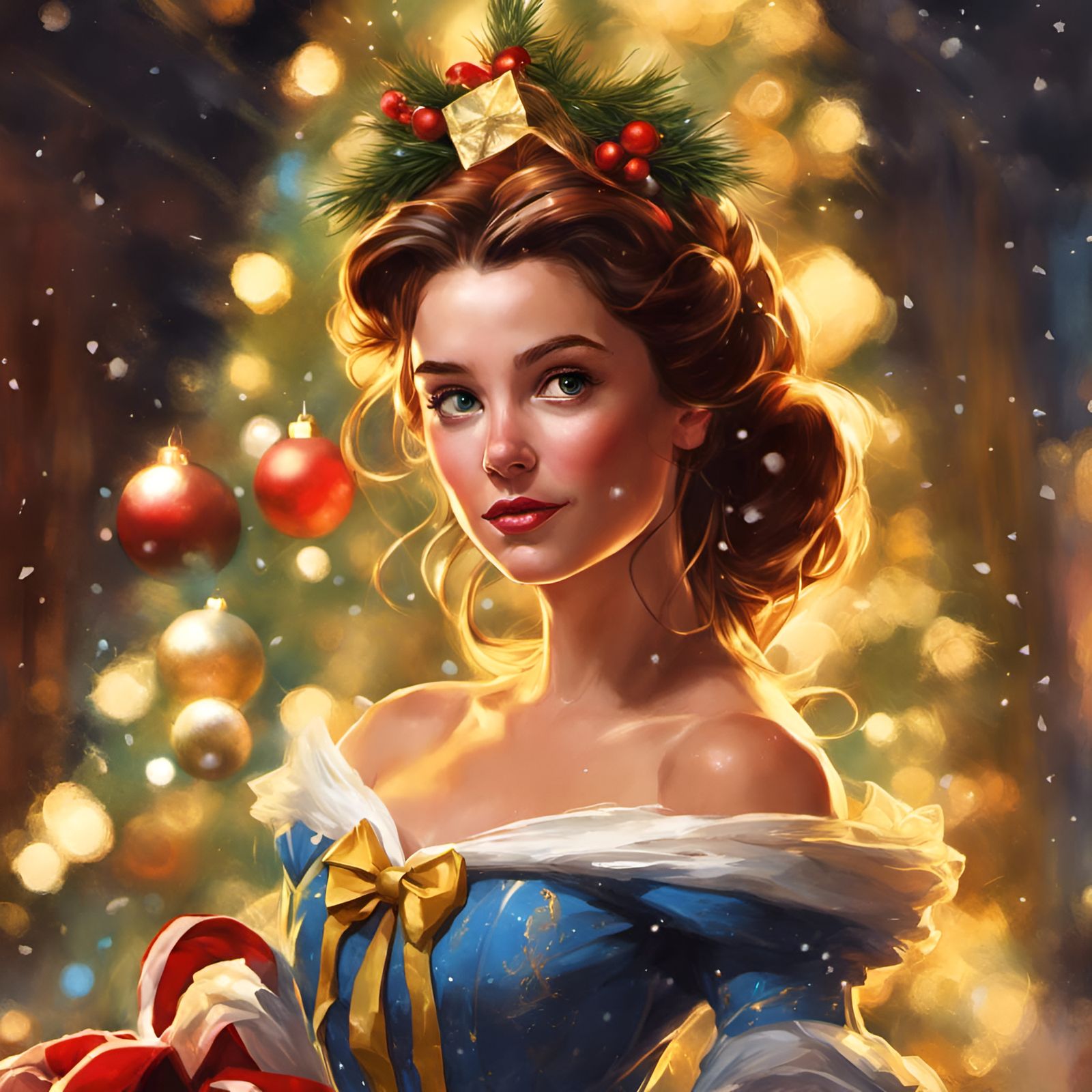 Christmas Princess Belle Portrait in Digital Illustration St...