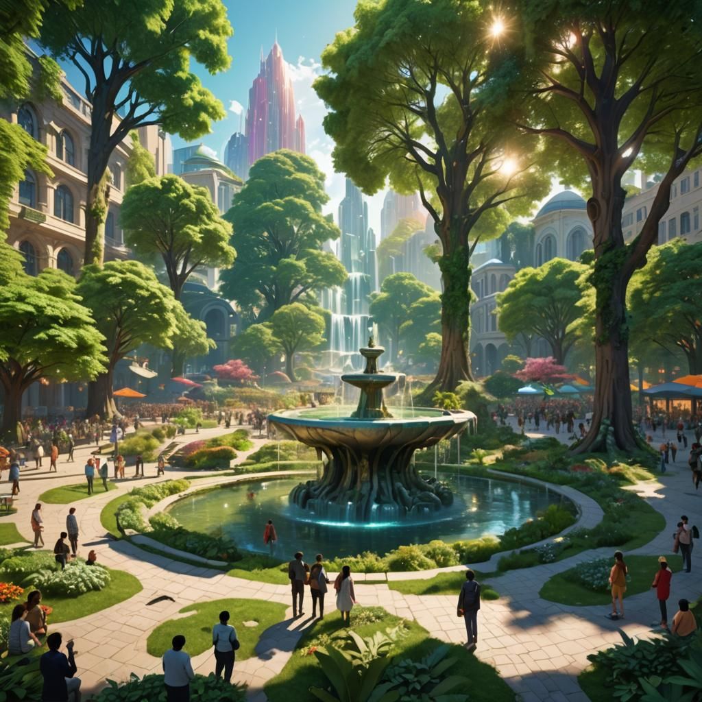 Utopian City Square in Vibrant Digital Art