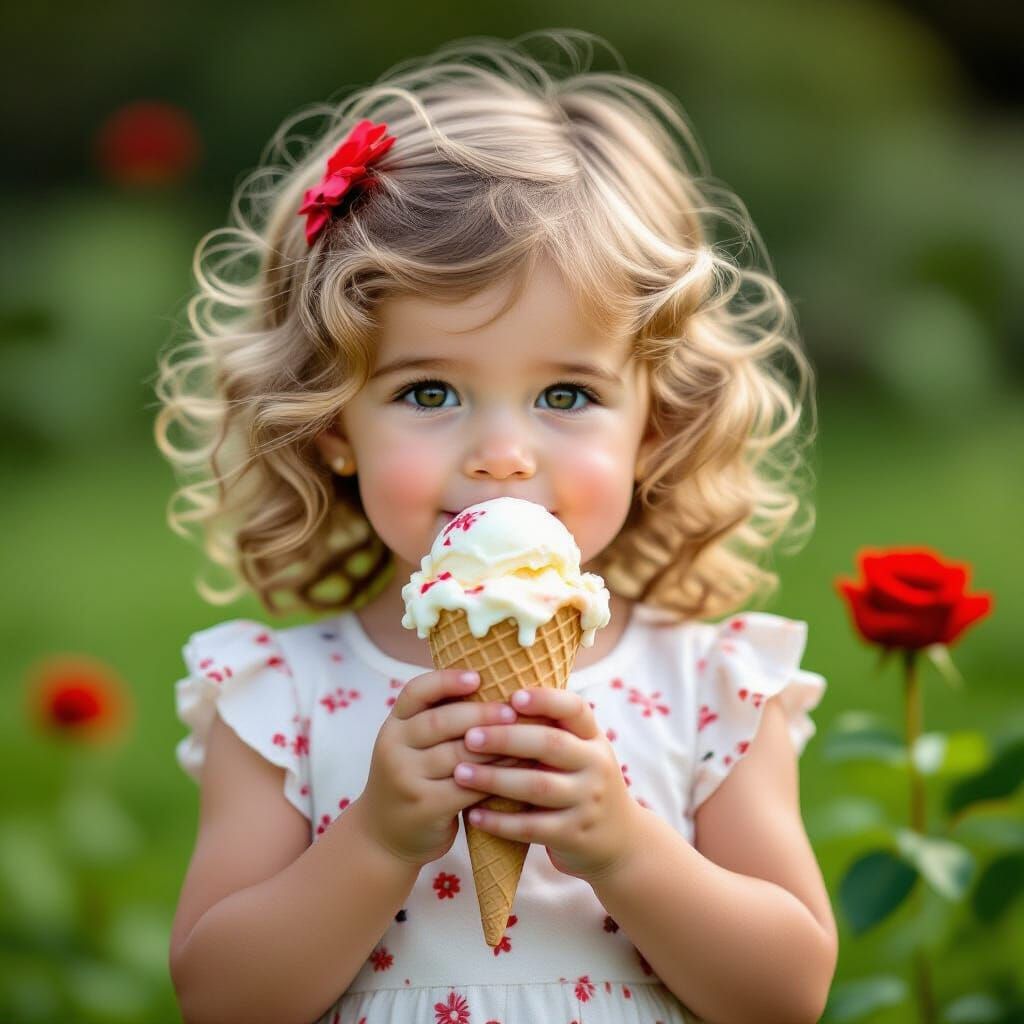 Realistic Photo of Young Girl with Melting Ice Cream