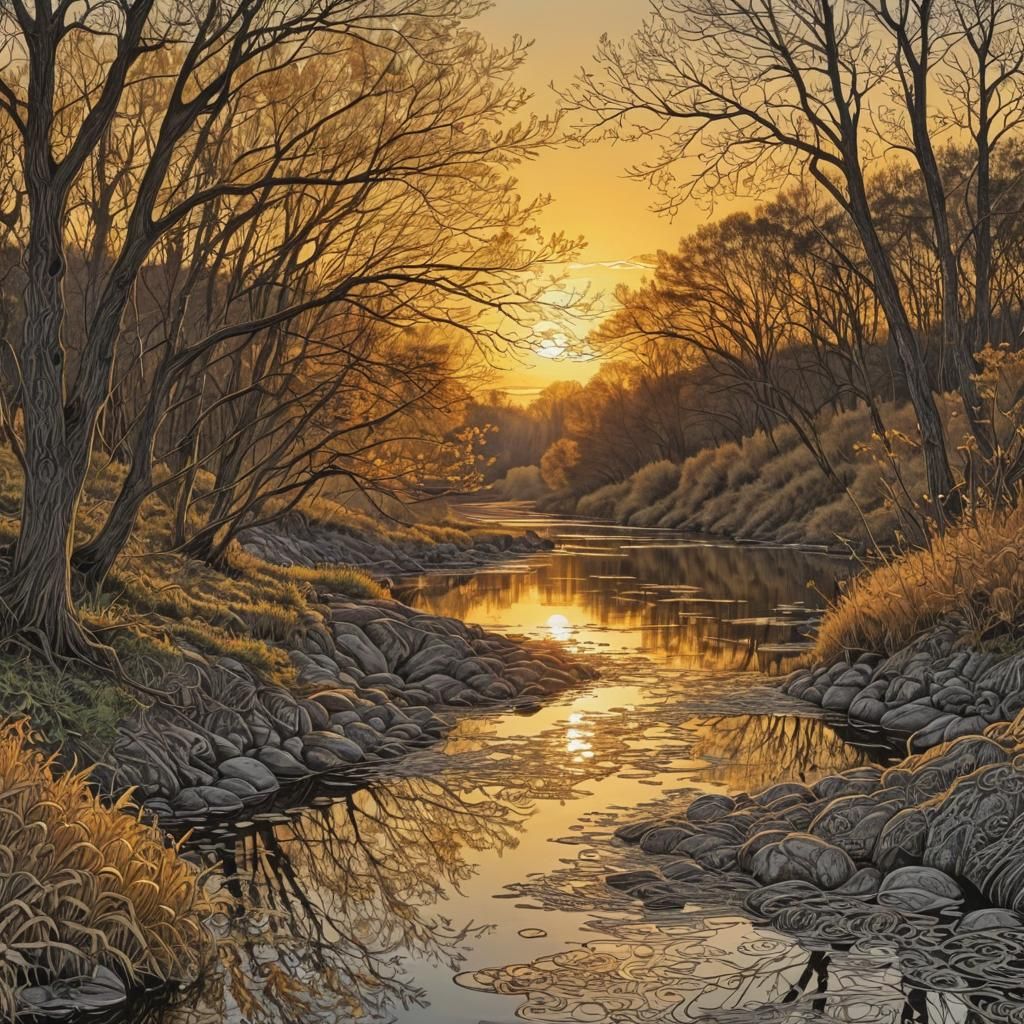 Golden Sunset Reflections in Zentangle Style