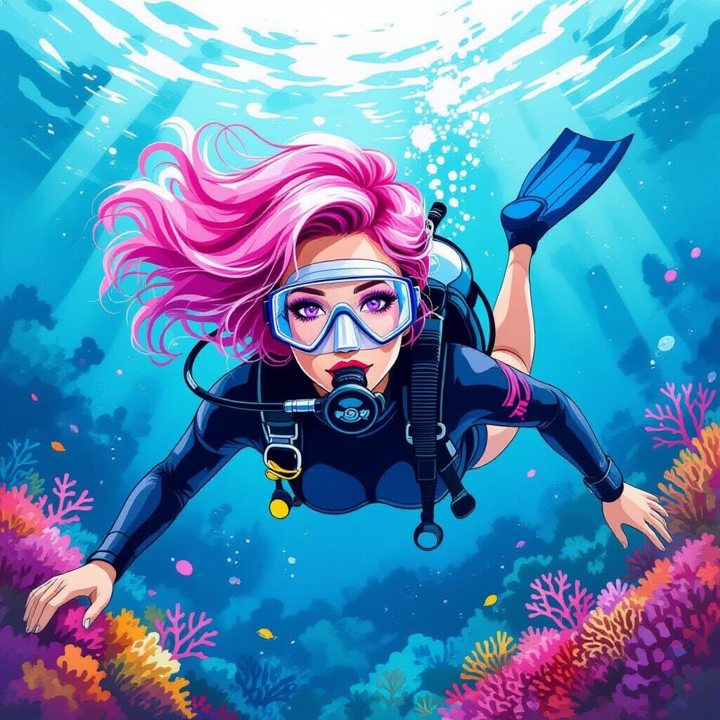 Pink-Haired Scuba Diver in Watercolor Coral Reef