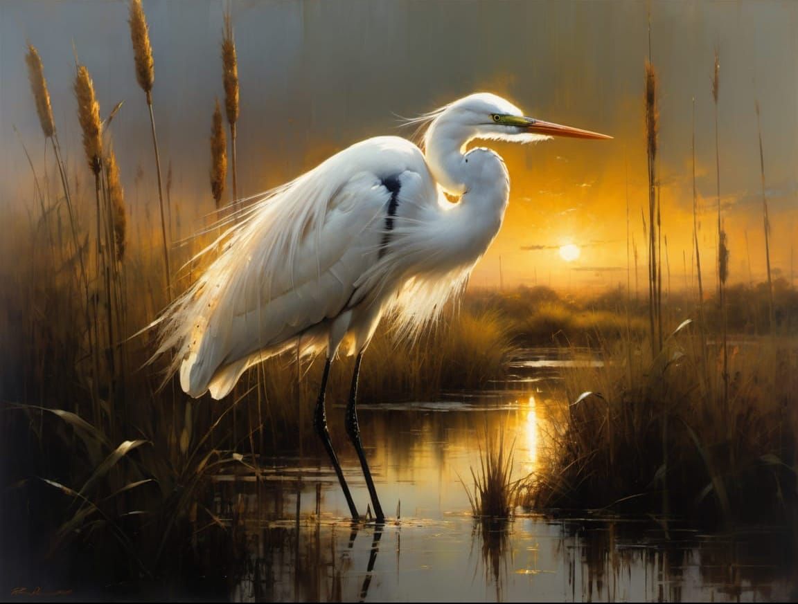 Elegant White Egret in Golden Sunset Light