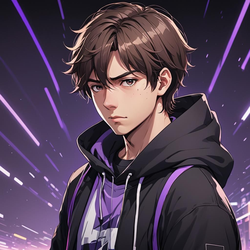 Tired Coder with Purple Light in Anime Style