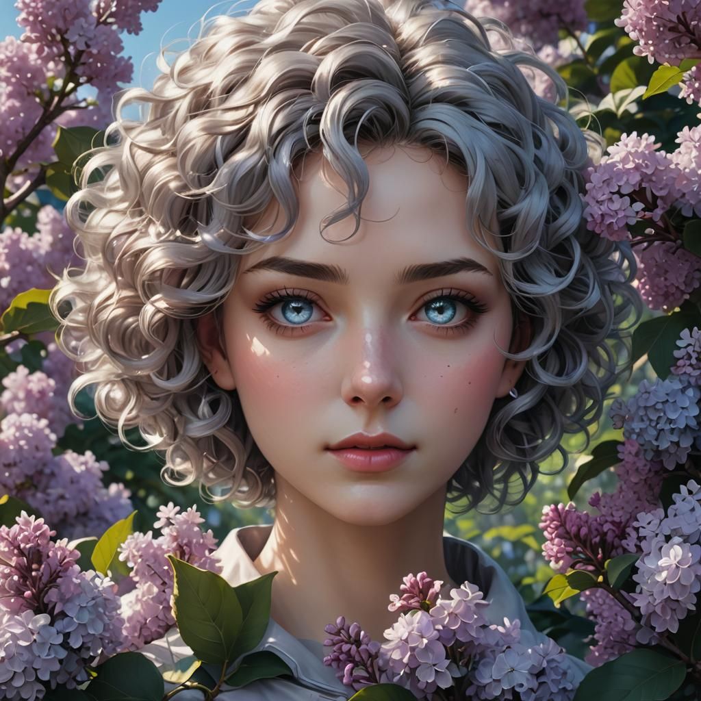 Beautiful Woman Portrait with Lilacs, Hyperrealistic Anime S...