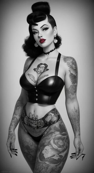 Black and White Pin-Up Photo of Tattooed Women