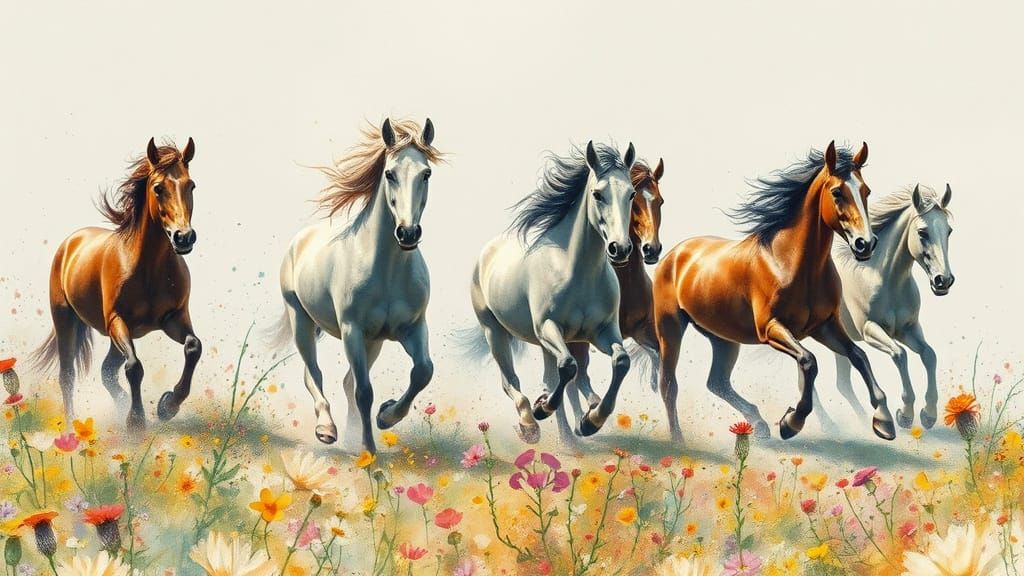 Wild Horses Running Through Wildflowers in Watercolor Style