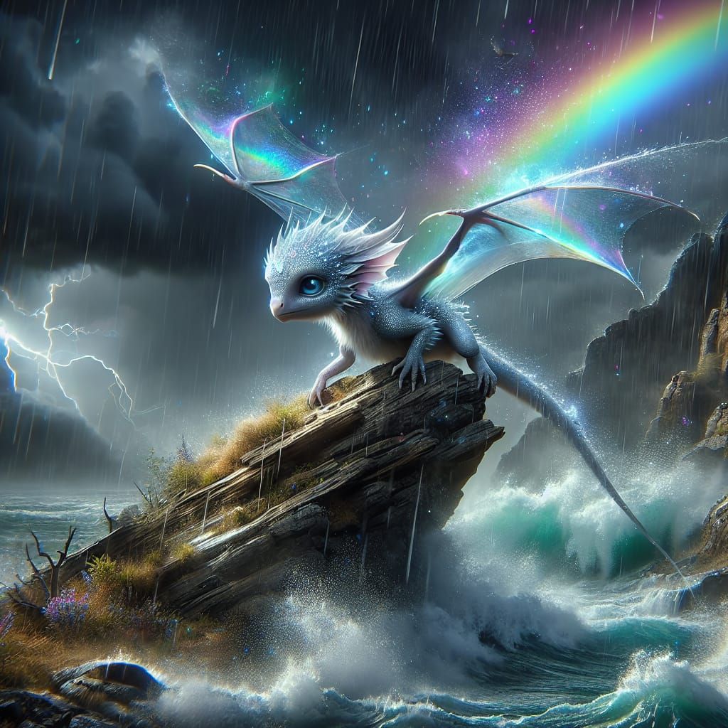 Cute Iridescent Dragon in Rainstorm: Digital Matte Painting
