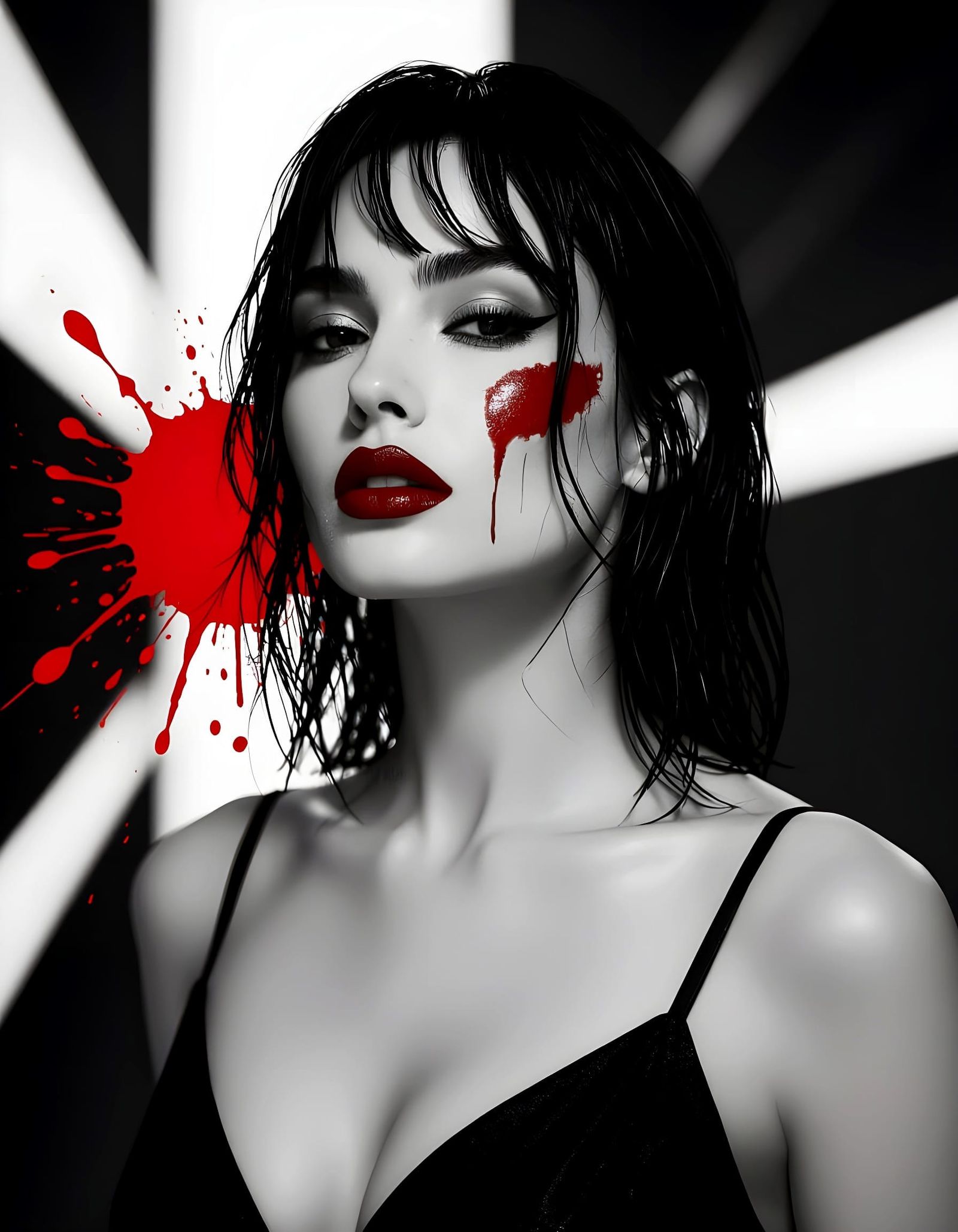 Defiant Femme-Fatale in Noir Style with Crimson Accents