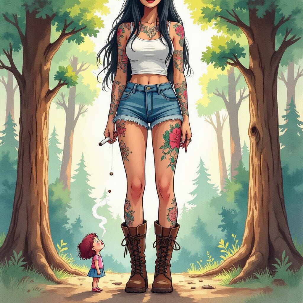 Watercolor Giantess Gazing Down at Crying Woman