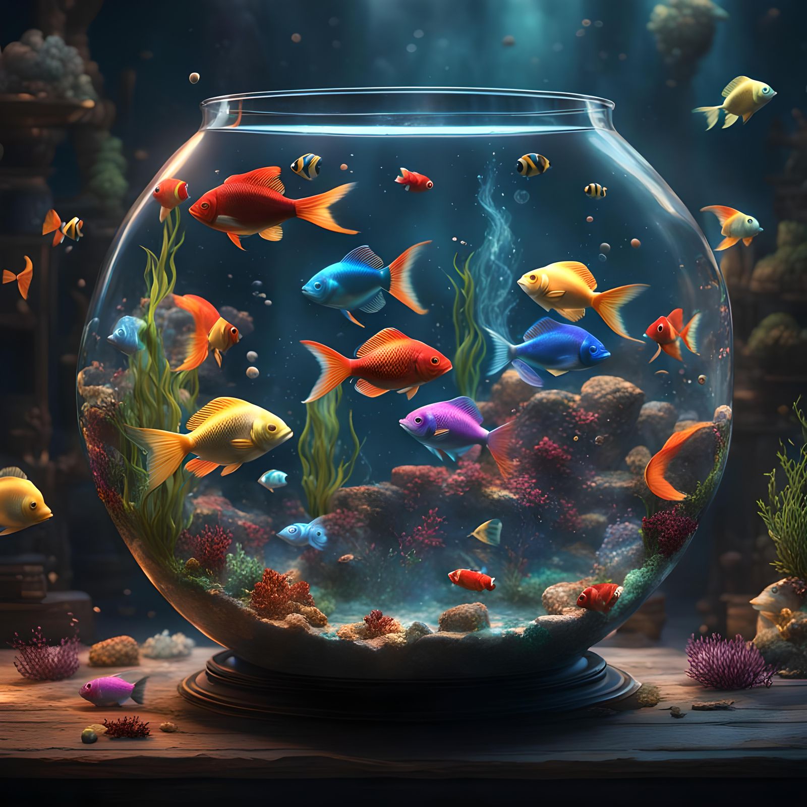 Colorful Fish in 3D Bowl, Detailed Digital Art