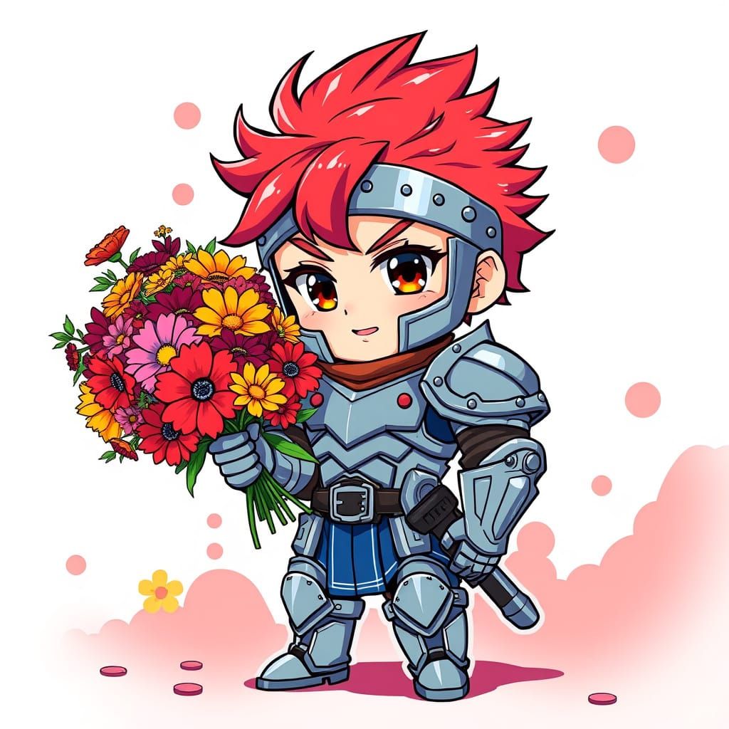 Chibi Armored Man with Flowers in Anime Style