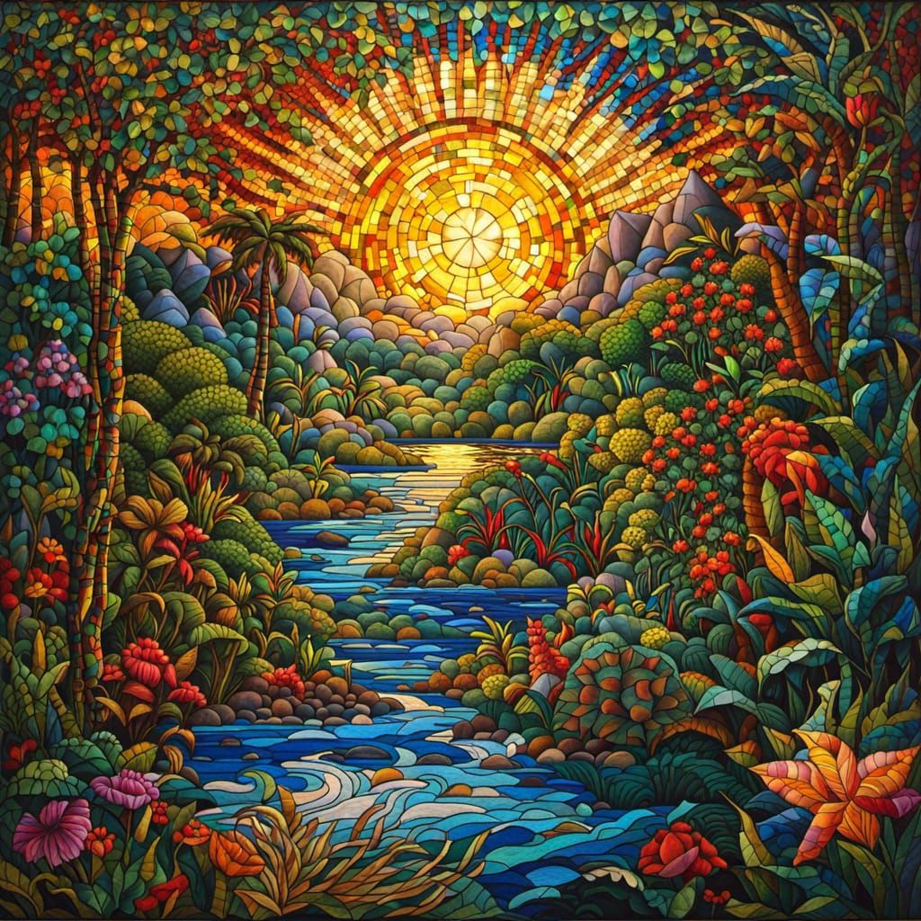 Surreal Rainforest Mosaic Under Stormy Sky