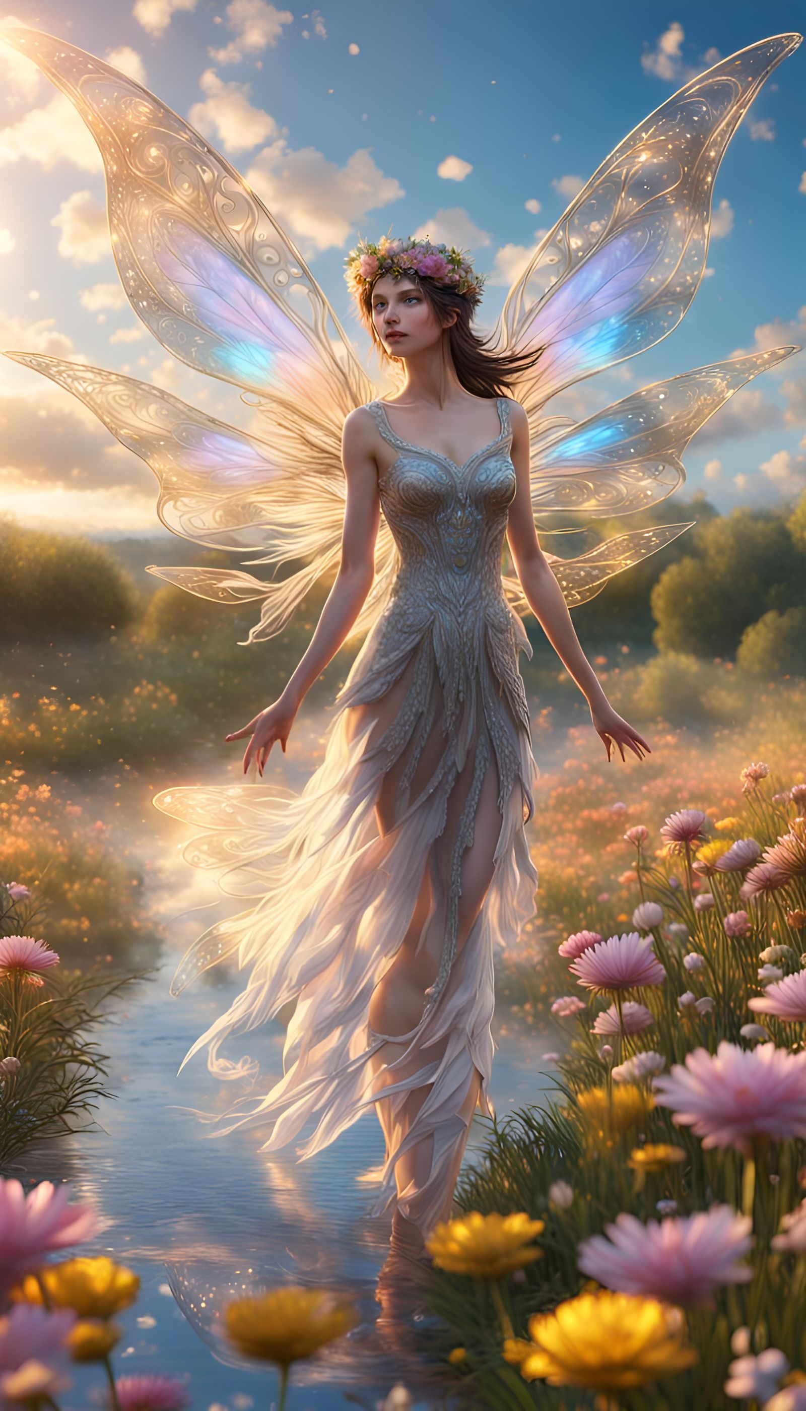 Fairies in Flight Over a Sparkling River