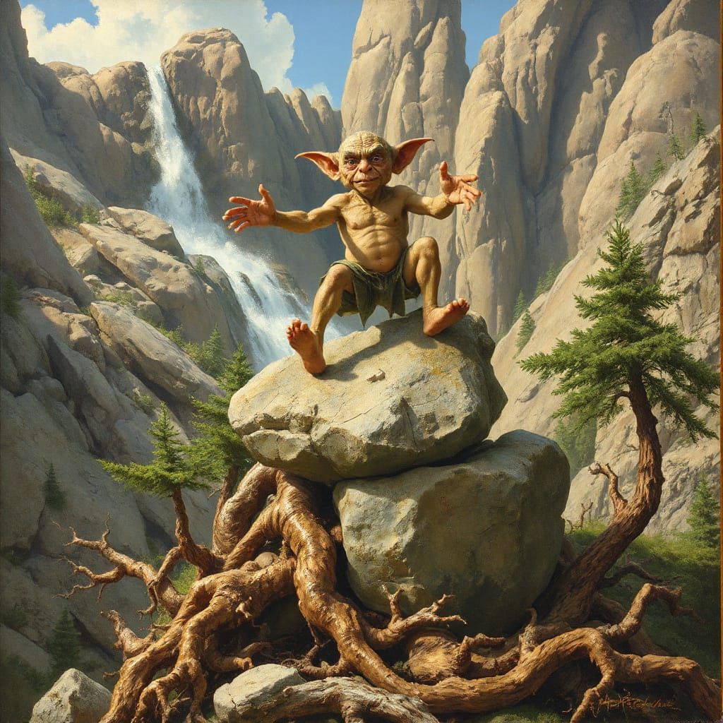 Whimsical Goblin Amidst a Rocky Landslide