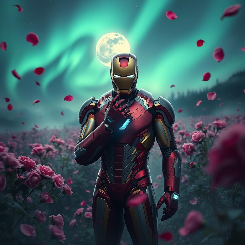 Iron Man in Aurora Rose Field: Cinematic Still